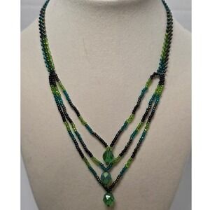 Vintage Green Blue Black Seed Bead Necklace Layered Glass Beads Fashion